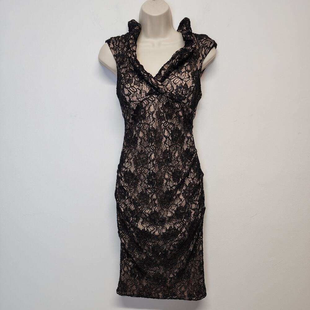 Xscape Black Lace Midi Dress Size 4 Ruffle Neck Cap Sleeve Ruched Goth Vintage
